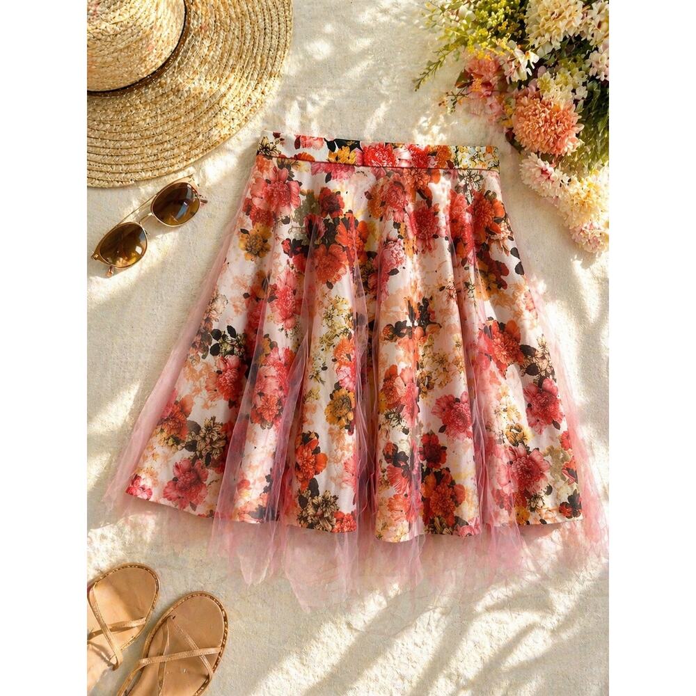 Romantic Cottagecore Floral Tulle Skirt Pink A-Line Midi Sz 10 NWT Shabby Apple